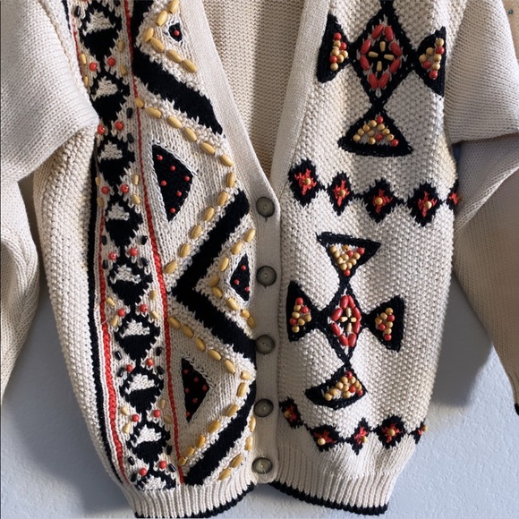 Vintage Tribal Beaded Button Down Cardigan Grandpa Sweater - Picture 6 of 7